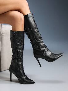 CUCCOO GRLICON 女士鳄鱼压纹尖头高跟靴，时尚通勤、万圣节、圣诞派对、秋季 - 黑色 - 查看 2