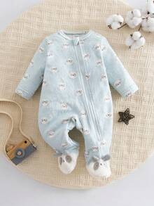 新生儿柔软针织圆领长袖按扣连脚连体衣，可爱熊猫印花，休闲时尚家居服，灰蓝色，秋冬 - 彩色 - 查看 3