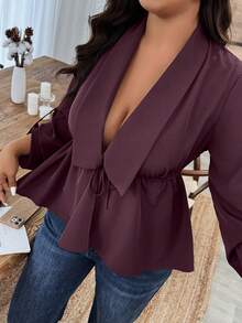 SHEIN LUNE Blusa elegante de manga larga con volantes y nudo en el bajo, de unicolor, talla grande - Granate - Ver 1