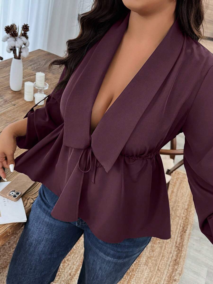 SHEIN LUNE Blusa elegante de manga larga con volantes y nudo en el bajo, de unicolor, talla grande - Granate - Ver 1
