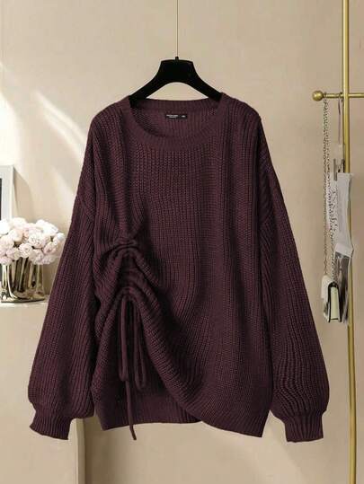 Lacomfia プラスサイズ レディース 無地 ラウンドネック ドロップショルダー 長袖 ドローストリング ルーズセーター、秋冬