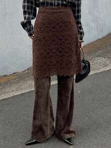 Livesso Autumn/Winter Velvet Lace Trim Flared Skirt Pants, 2 In 1 Casual/Office Elegant Brown Trousers For Women