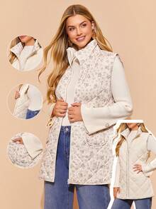 Amorya معطف خارجي أنيق وكاجوال للنساء بدون أكمام وياقة عالية، مطبوع بزهور المشمش، مناسب للخريف والشتاء