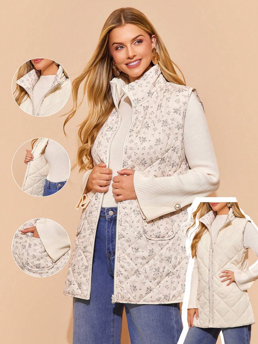 Amorya معطف خارجي أنيق وكاجوال للنساء بدون أكمام وياقة عالية، مطبوع بزهور المشمش، مناسب للخريف والشتاء