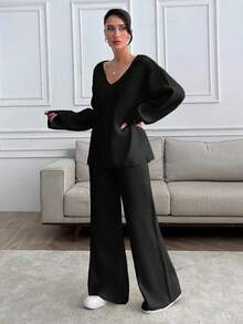 SHEIN Tall Tall Women V-Neck Oversize Sweater And Knit Pant Set - Black - View 6