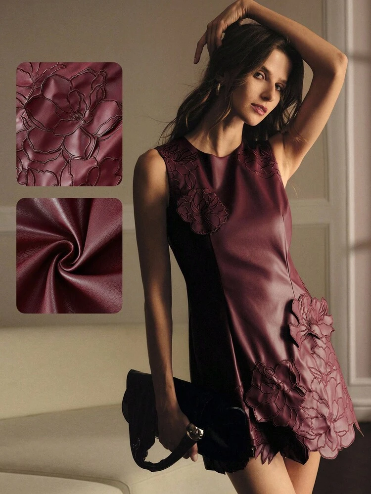PU LEATHER EMBROIDERY STEREO FLOWER SLEEVELESS MINI DRESS