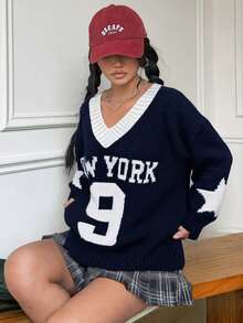 SHEIN 少女拼色V领宽松图案套头毛衣 - 藏蓝色 - 查看 4