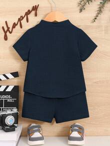 2pcs Baby Boy Black Soft Comfortable All-Match Casual Short Sleeve Polo Shirt And Shorts Set, Suitable For Outings, Banquets And Parties, Summer