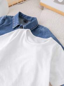 SHEIN Conjunto Denim de 3 Peças para Bebê Menino/Menina, Primavera/Outono: Jaqueta Denim de Manga Longa com Lapela e Fechamento com Botão, Top de Malha Branca de Manga Curta, Calça Denim Desbotada Casual. Macio, Confortável e Versátil para Passeios, Escola e Casa