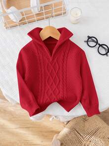 SHEIN 男婴/女婴复古纹理针织圆领拉链开衫，柔软舒适，适合上学、居家、郊游、圣诞派对、秋冬