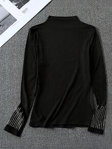 EMERY ROSE Women's Rhinestone Embellished Stand Collar Slim Fit Long Sleeve T-Shirt - Black - View 2