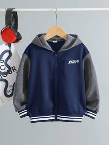 SHEIN 秋冬款小男孩休闲拼色连帽夹克 - 藏蓝色 - 查看 3