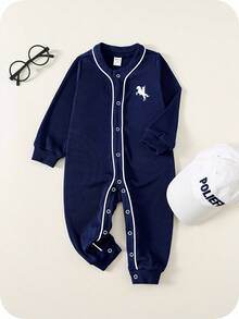 SHEIN 新生儿男/女宝宝可爱圆领长袖连体衣，秋冬款 - 藏蓝色 - 查看 5