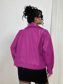 POPSWAY Große Größen Jacke mit offenem Reißverschluss, einfarbig, aus PU-Leder, mit Langarm und Kragen