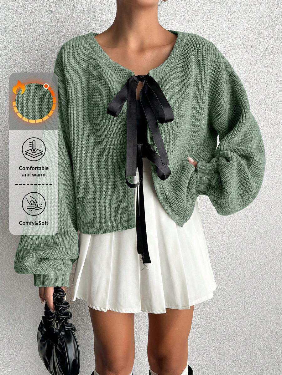 EURMUSE Chaqueta de punto acanalado con lazo, diseño de moda adecuado para el verano - verde menta - Ver 1