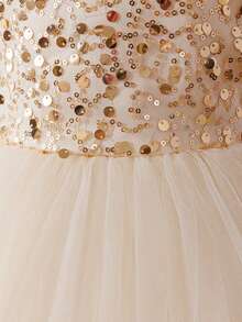 Glamorique Kids Dziewczęca sukienka z satyny z siateczki i cekinów w kolorze szampana, z odkrytymi plecami i kokardą, bez rękawów, kostium na Boże Narodzenie/Halloween, przyjęcie urodzinowe dla dzieci, występ sceniczny, przyjęcie wieczorne, strój do fotografii