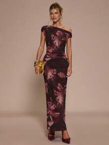 SHEIN BAE Váy ôm sát họa tiết hoa thanh lịch dành cho nữ mùa thu/đông, thích hợp cho tiệc cocktail, hẹn hò lãng mạn, mặc nhiều lớp vào mùa thu/đông, tiệc tùng, tụ họp trang trọng, váy Halloween, váy Giáng sinh - Nhiều màu - Xem 5