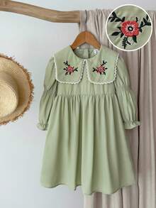 Blossori Young Girls' French Elegant Floral Embroidery Turndown Collar Long Sleeve Dress - Green - View 3
