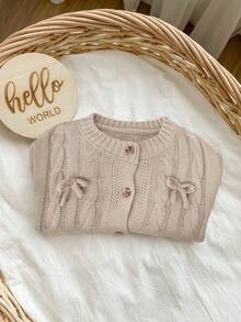 SHEIN 杏色蝴蝶结开衫，可爱百搭，适合女婴秋冬穿着 - 卡其色 - 查看 5