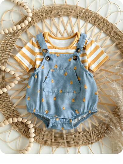 SHEIN 新生女童夏季可爱条纹短袖上衣卡通小鸭印花背带短裤套装
