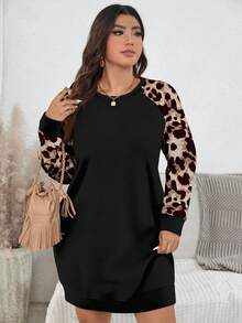 EMERY ROSE Plus Size Women's Black,Autumn,Casual,Night Out Club Leopard Print Patchwork Raglan Sleeve Sweatshirt Dress,Fashion Street Fitted Cheetah Animal Print - Multicolor - View 4