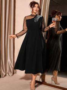 SHEIN Elenzya Đầm dự tiệc tay dài lưới thanh lịch cỡ lớn dành cho nữ - màu đen - Xem 3
