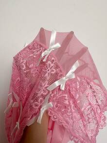 DelicateAllure Váy ngủ gợi cảm cho nữ, vải lưới ren hồng, họa tiết vá, nơ trắng, màu tương phản, không dây, thoải mái, phong cách tối giản gợi cảm - Hồng - Xem 7