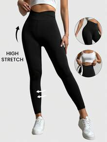 Elnivra Women's Solid Color Asymmetrical Waist High Waisted Casual Leggings - Black - View 7