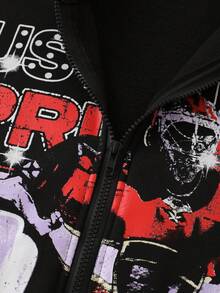 ROMWE MEN Street Life Sudadera casual y de moda para hombre con estampado de personaje, letra, rhinestone, patrón de llama, cremallera, forro polar, cálida para otoño/invierno - Negro - Ver 6