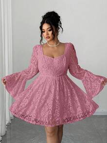 Elenzga Đầm dự tiệc/hẹn hò tay dài cổ vuông ren cỡ lớn cho nữ - Bụi hồng - Xem 8
