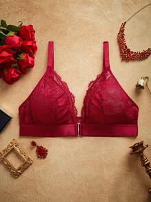PinupPomp Front Closure, Lift & Enhance, Teardrop Cup, Lash Lace, Comfortable, Lace Patchwork, Retro, Romantic Plus Size Bra & Wireless Bra - Burgundy - View 8
