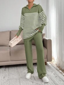 EURMUSE Women Stripe Pattern Zip Detailed Neck Drop Shoulder Pullover & Sweater Pants Set - Cadet Blue - View 2