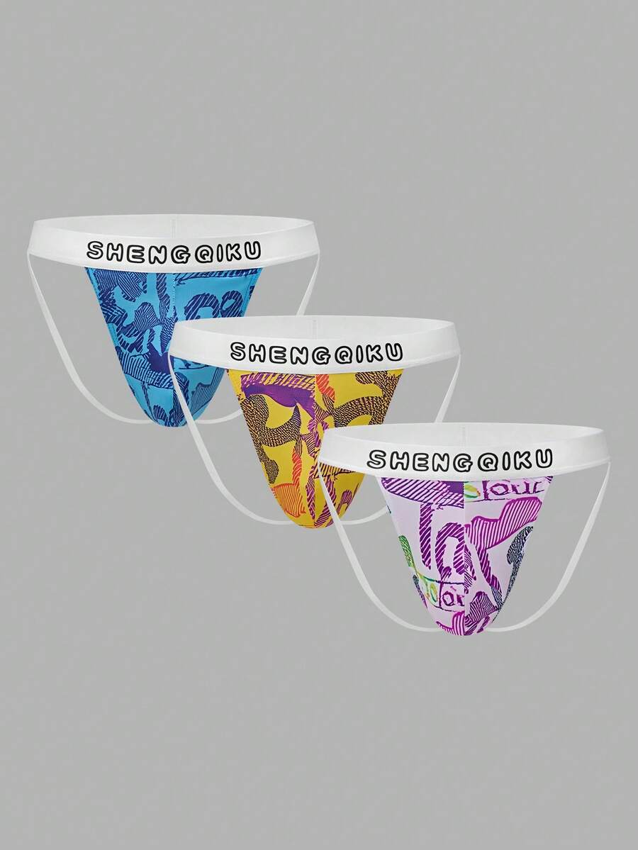 3 件装男士性感内裤，带字母腰带和镂空设计 - 彩色 - 查看 1