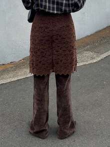 Livesso Autumn/Winter Velvet Lace Trim Flared Skirt Pants, 2 In 1 Casual/Office Elegant Brown Trousers For Women