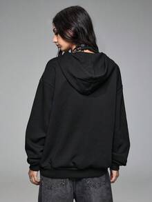 ROMWE Grunge Punk Grunge Style Cross Pattern Print Loose Fit Sweatshirt For Women - Black - View 3