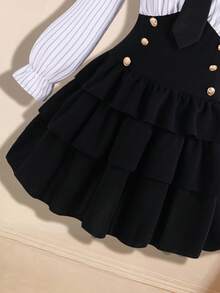 Elegant Commuter Striped Patchwork Dress For Teen Girls - Black and White - View 4