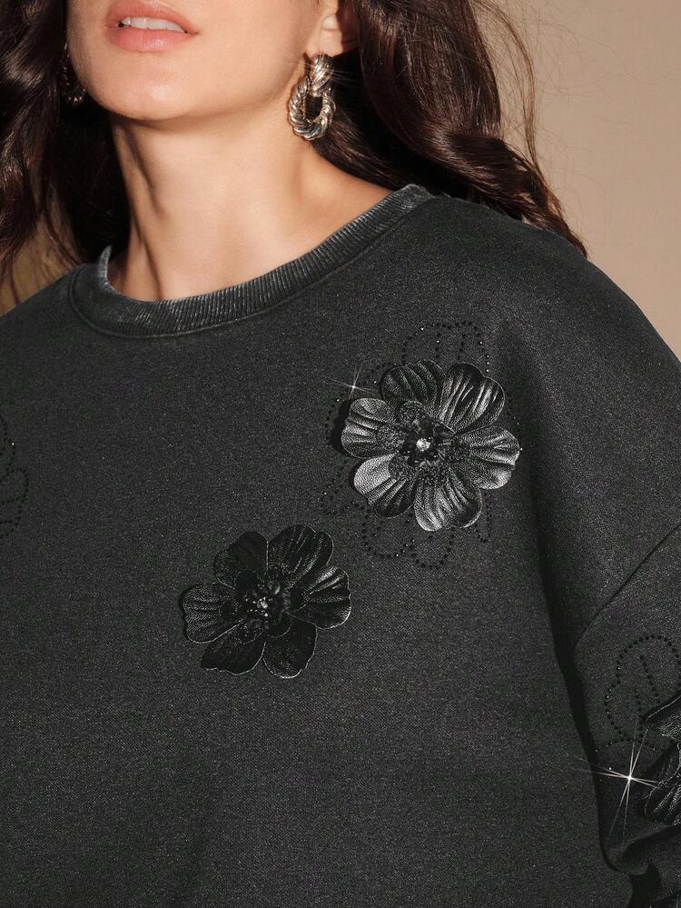 Damen Lässig Pullover mit Strass-Verzierung und Schneeflocken-Dekor, Rundhalsausschnitt, Langarm, Schwarz, thermisch gefüttert für Herbst/Winter