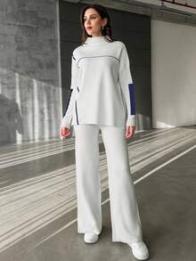 RueChic Damski sweter z kontrastowym kołnierzem, długimi rękawami i dzianinowymi spodniami, 2-częściowy zestaw casualowy, jesień/zima - Granatowy - Zobacz 4