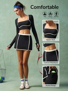 VARSIVA 女士圆领长袖短款 T 恤和开衩下摆口袋短裙运动套装两件套网球裙套装健身女士套装 - 黑與白 - 查看 1