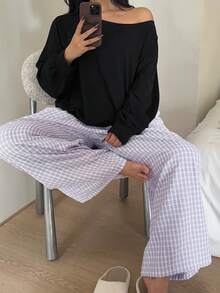 Dazy Plus 大码女式休闲宽松不对称领口上衣和格子裤睡衣套装，春秋季、秋冬季服装 - 黑色 - 查看 4