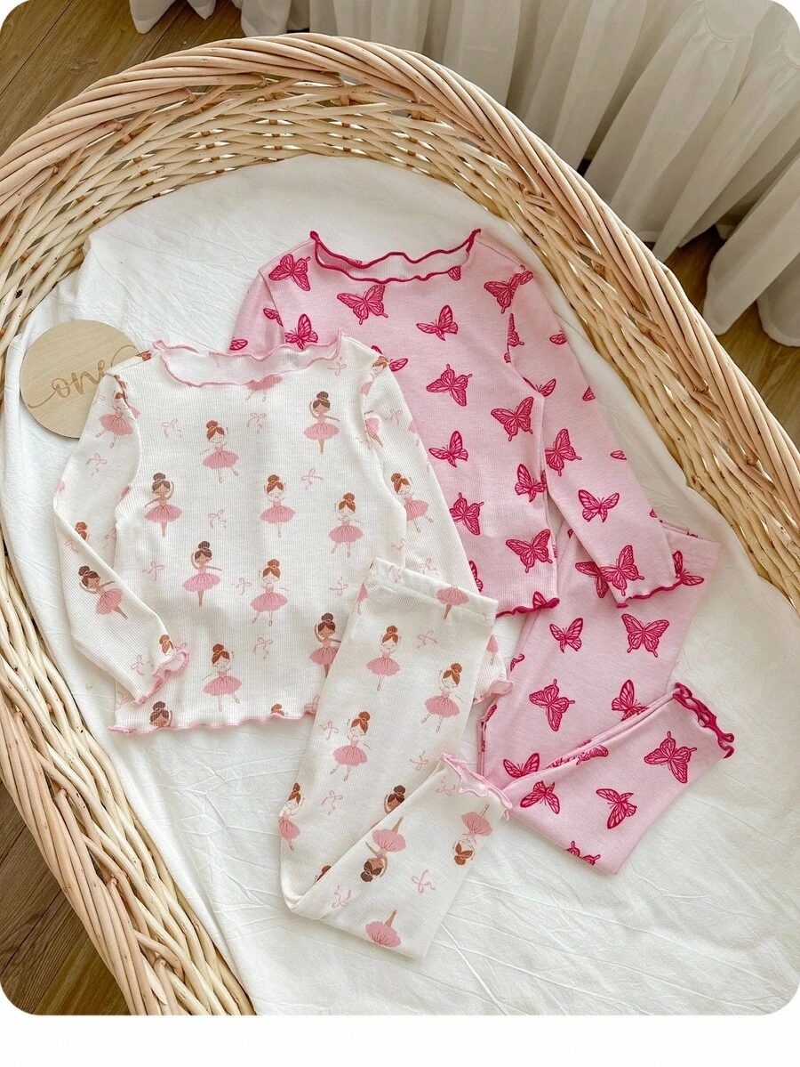 SHEIN 4-Piece Tween Girls Long Sleeve Pajamas With Ballerina And Butterfly Pattern, Girls Clothing, Butterfly Baby Clothing, Ballerina Girls Pajamas, Halloween Pattern - Dusty Pink - View 1