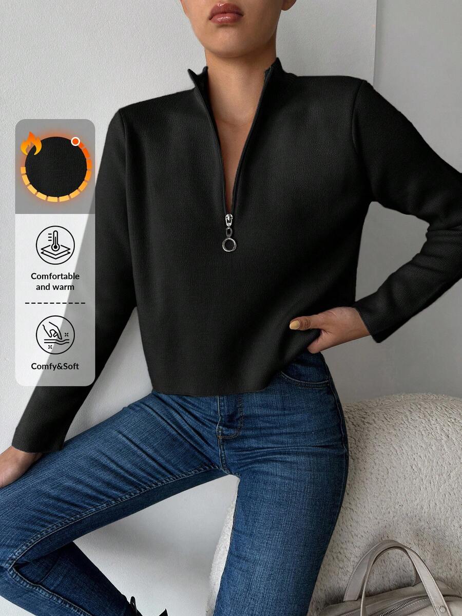EURMUSE 女士半拉鍊開衫毛衣 - 黑色 - 查看 1