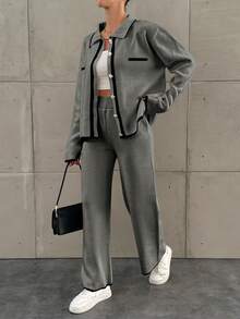 EURMUSE 2pcs Women's Color Block Front Button Long Sleeve Simple Sweater And Pants Set - Grey - View 5