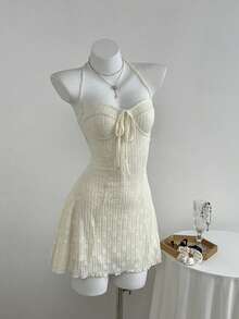 Elamini 2 件套女士秋冬时尚蕾丝花边吊带背心和蕾丝领带腰部 A 字迷你连衣裙套装 - 杏色 - 查看 4