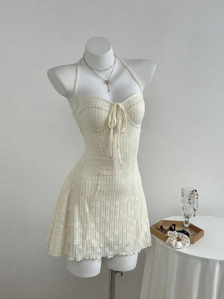Elamini Set de 2 piezas con top de tirantes con encaje y vestido mini de línea A con cuello de encaje y lazo en la cintura para mujer, para otoño/invierno - Albaricoque - Añade 4