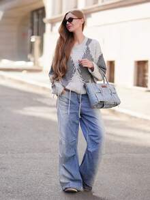 Suéter con hombros caídos y cordón en la cintura, blusas de manga larga - Gris - Ver 5