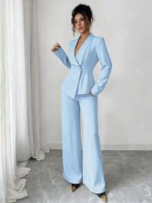Elenzga Women's Suit Set, Suit Fabric, Lapel Collar, Long Sleeve, Waist Cinched A-Line Asymmetric Hem, Metal Button Decor, Sophisticated & Elegant For Office, Commute, Street Style, French Romantic, Casual, Middle Eastern Vintage, Afternoon Tea, Party, Thanksgiving, Back To School, Spring/Autumn/Winter - Blue - View 6