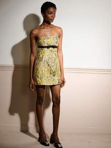 lacRébo 金属花卉提花迷你连衣裙，配撞色蝴蝶结腰带，时尚派对晚装，秋冬 - 黃色 - 查看 5