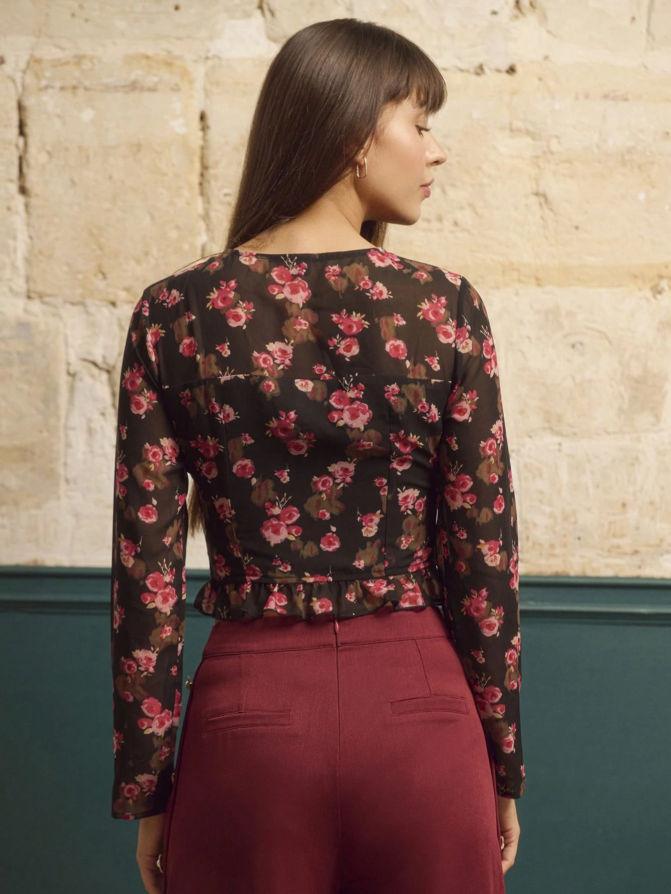 Top Vintage de Manga Longa com Estampa Floral Rosa, Bainha Peplum Babada, Estilo Outono Inverno