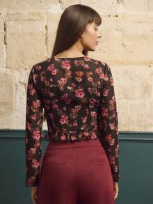 lacRébo Top mignon à manches longues avec fleurs roses, ourlet à volants style vintage pour l'automne et l'hiver - Multicolore - Voir 2